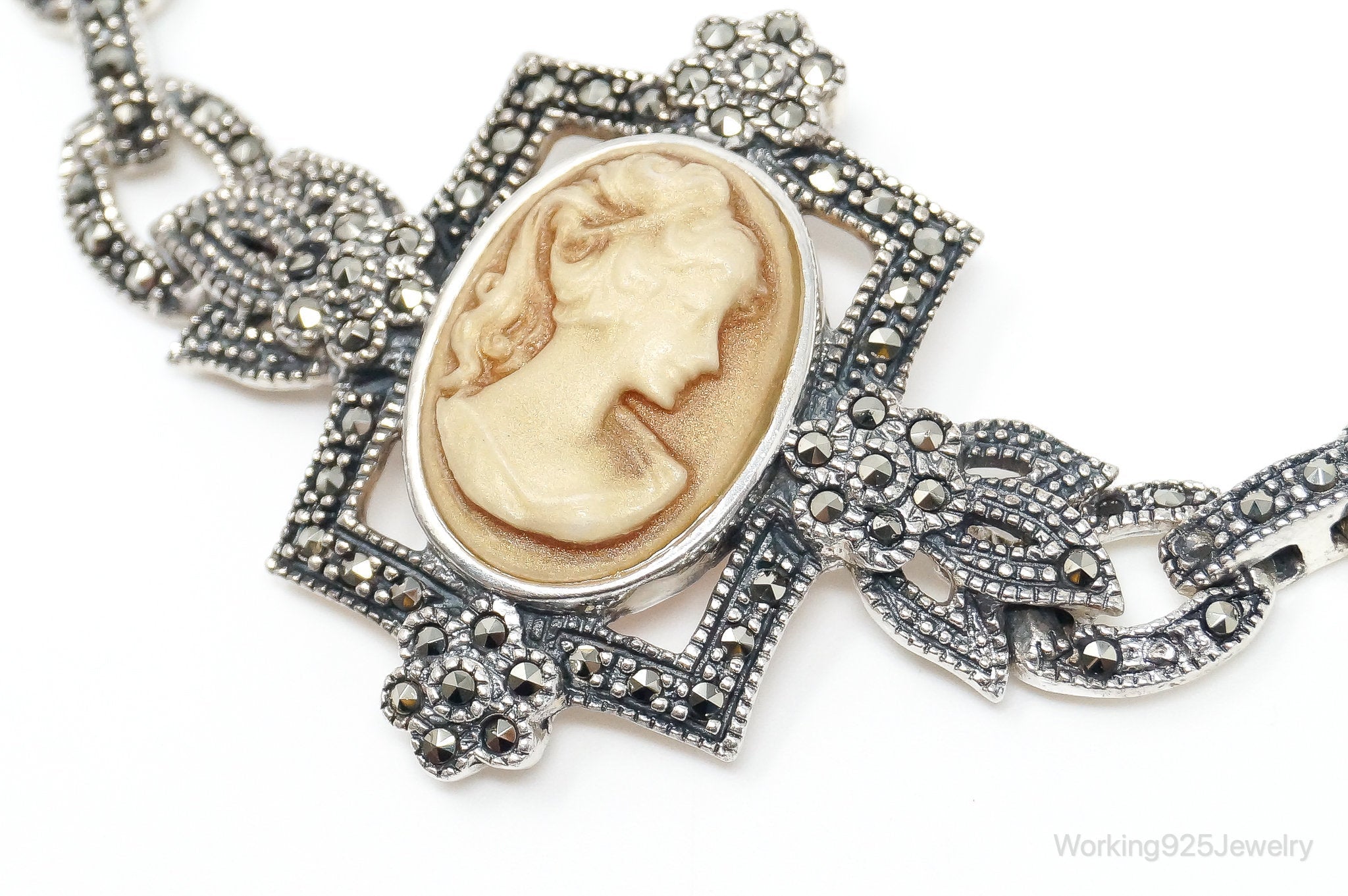 VTG Carved Cameo Shell Black Onyx Marcasite Sterling Silver Necklace | Jewelry > Necklaces > Pendants | Wiccan Center
