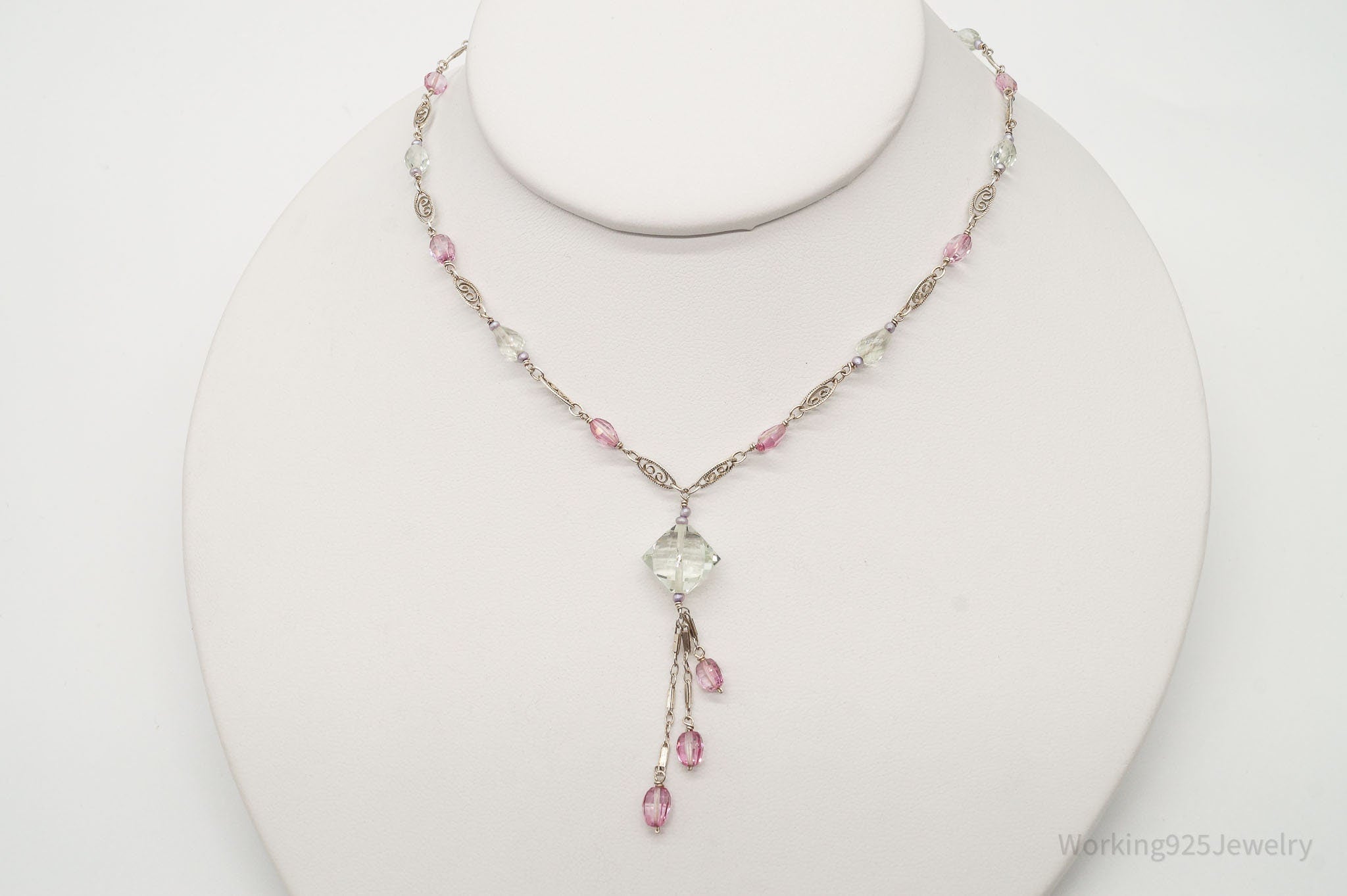 Vintage Prasiolite Pink Topaz Seed Pearls Sterling Silver Necklace | Jewelry > Necklaces > Pendants | Wiccan Center