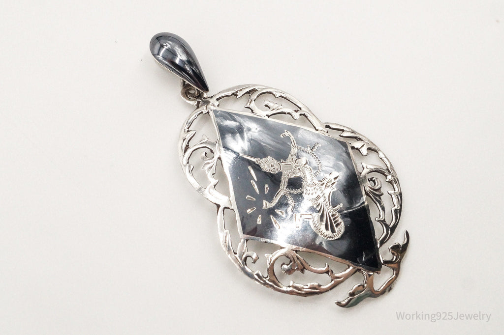 Large Vintage Siam Black Enamel Goddess Dancer Sterling Silver Pendant | Jewelry > Necklaces > Pendants | Wiccan Center
