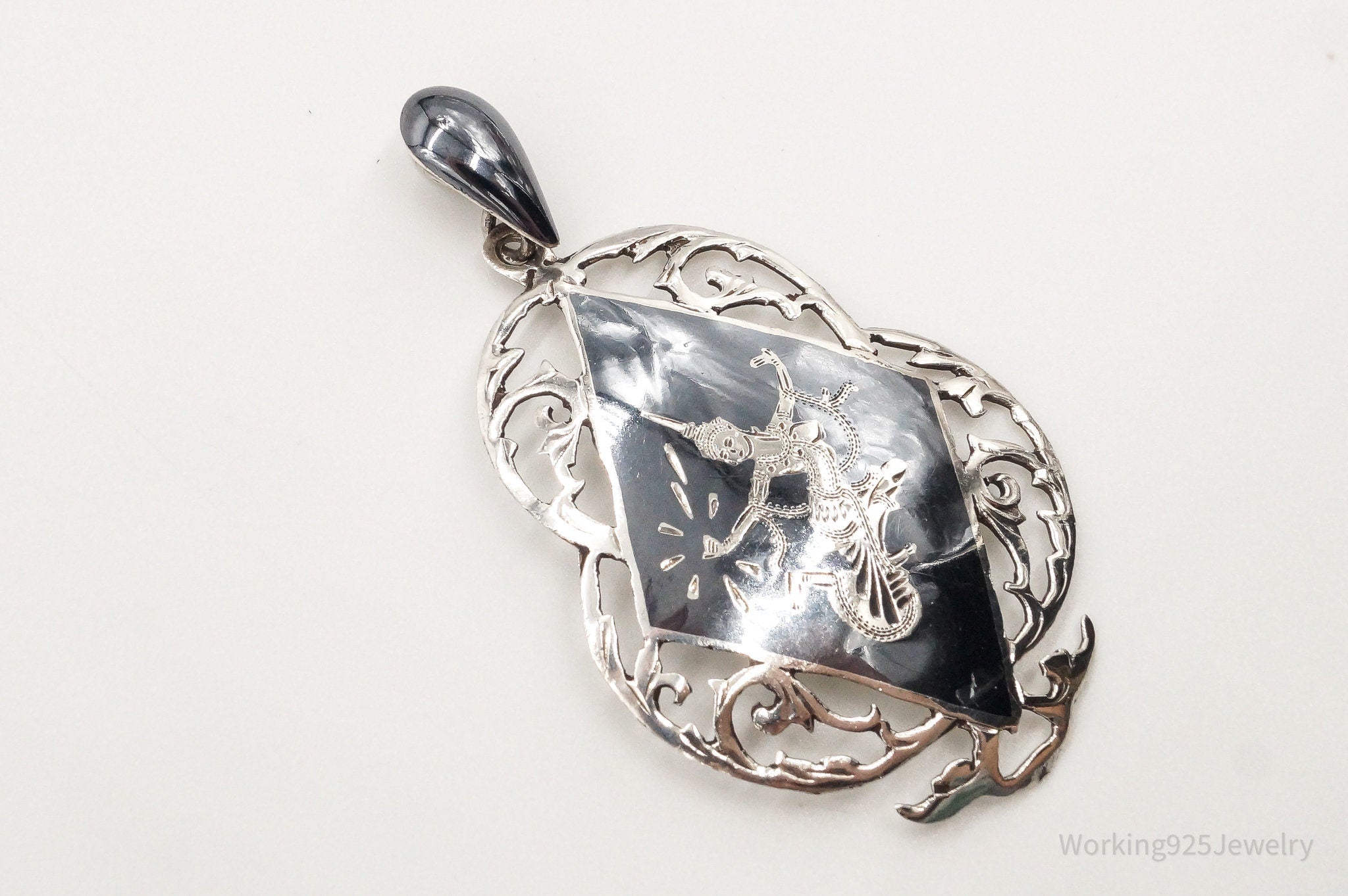 Large Vintage Siam Black Enamel Goddess Dancer Sterling Silver Pendant | Jewelry > Necklaces > Pendants | Wiccan Center