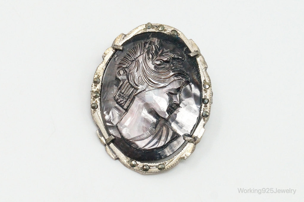 Antique Carved Abalone Shell Marcasite Woman Cameo 800 Silver Pendant Pin | Jewelry > Necklaces > Pendants | Wiccan Center