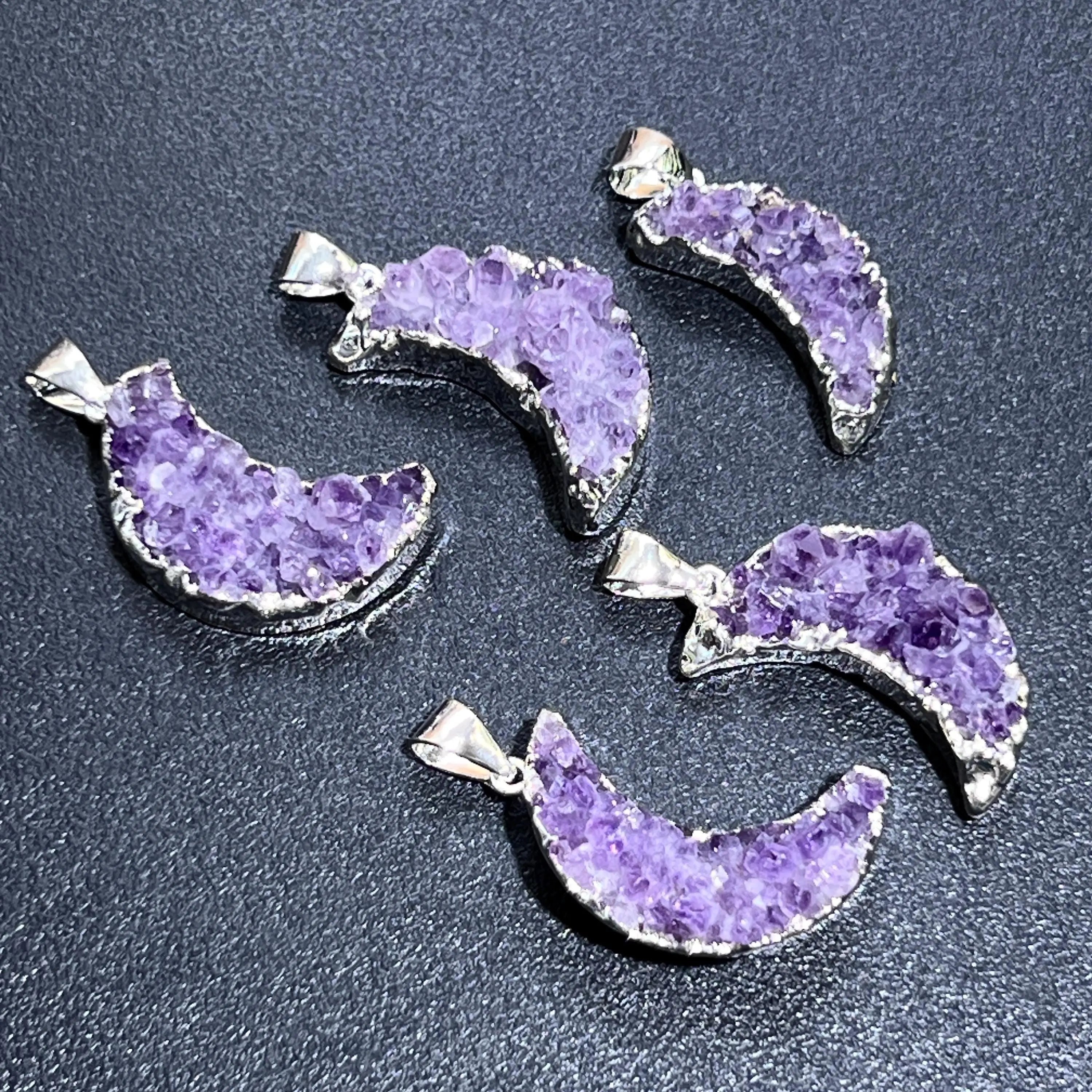 Crescent Moon Pendant (Amethyst Druzy Crystal)(Silver Plated) Gemstone Jewelry Necklace Charm Supply | Craft Supplies & Tools > Beads, Gems & Cabochons > Charms & Pendants > Pendants | Wiccan Center