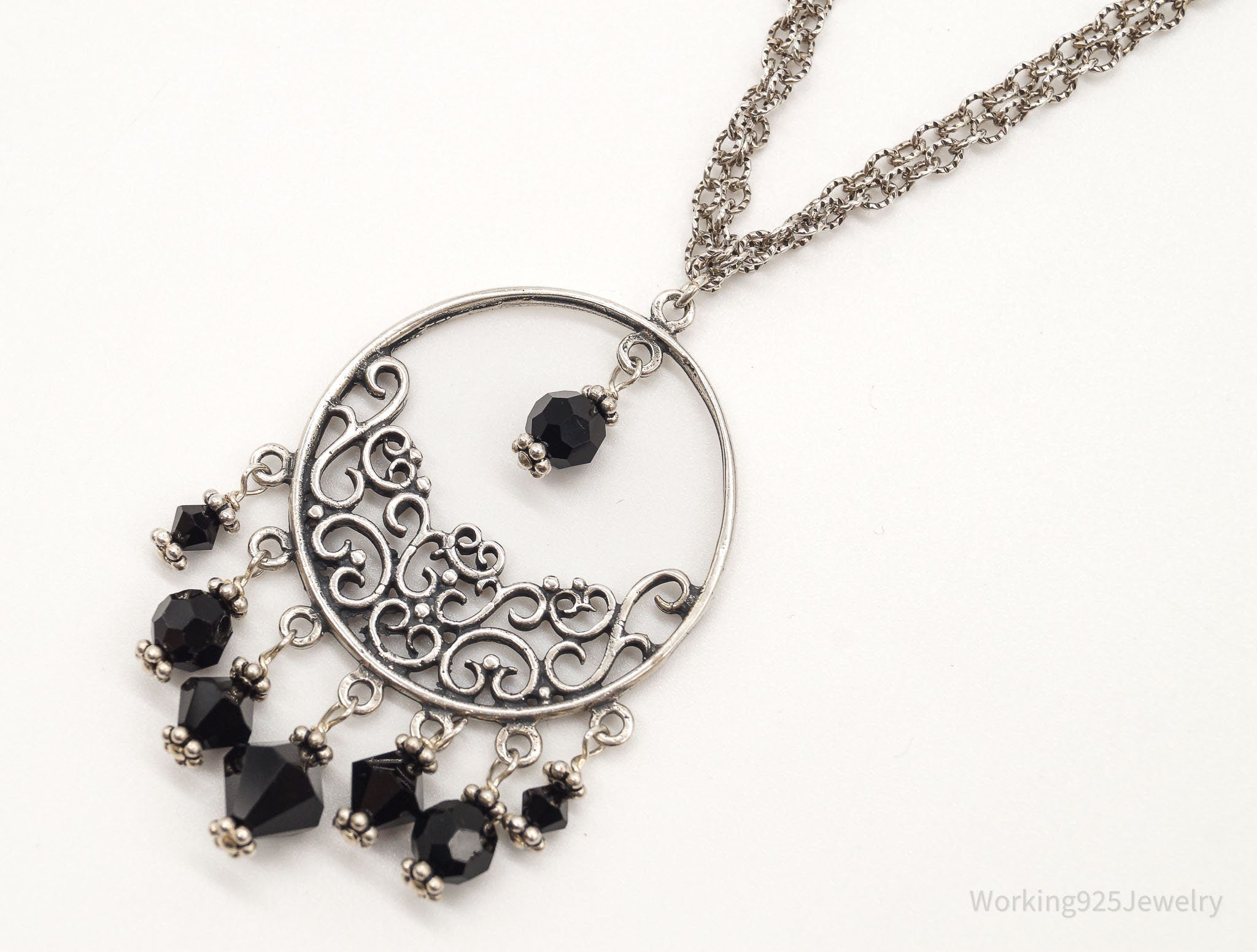 Vintage Black Onyx Bead Chandelier Sterling Silver Necklace | Jewelry > Necklaces > Pendants | Wiccan Center