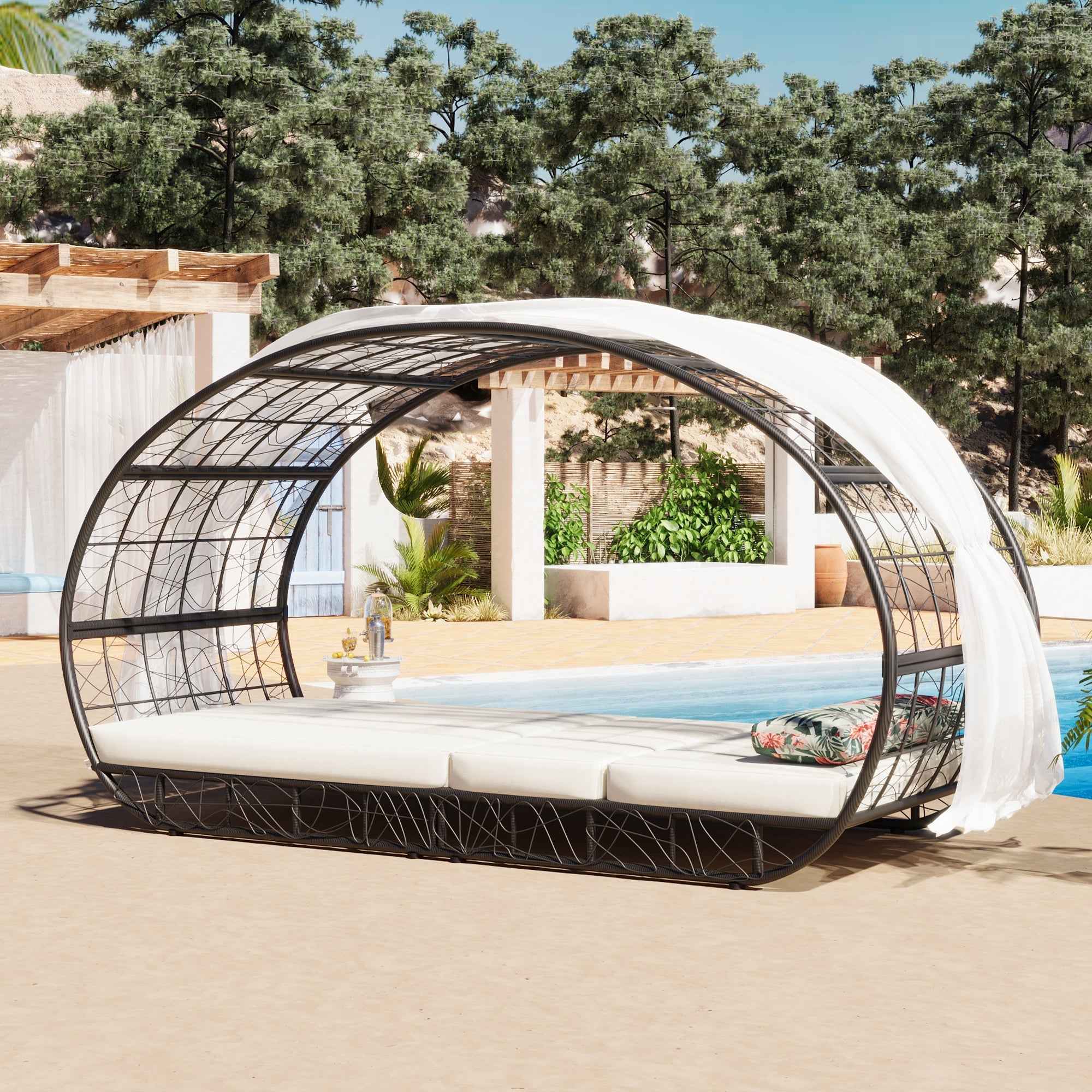 90.55" Outdoor Patio Daybed with Curtain, Sunbed with Cushion and | Furniture | Wiccan Center