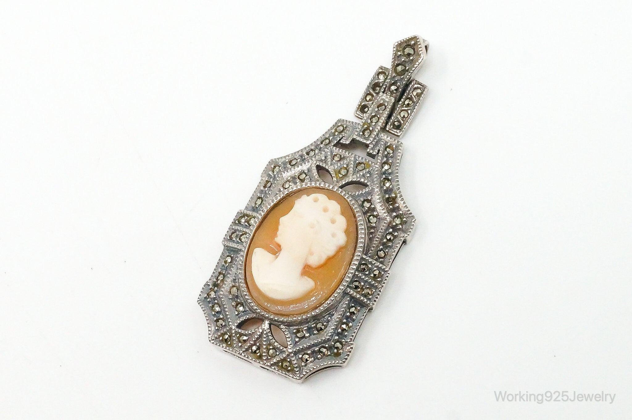 Vintage Judith Jack Carved Shell Lady Cameo Marcasite Sterling Silver Pendant | Jewelry > Necklaces > Pendants | Wiccan Center