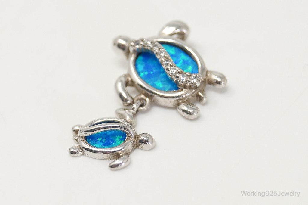 Vintage Blue Fire Opal Cubic Zirconia Sea Turtles Sterling Silver Pendant | Jewelry > Necklaces > Pendants | Wiccan Center