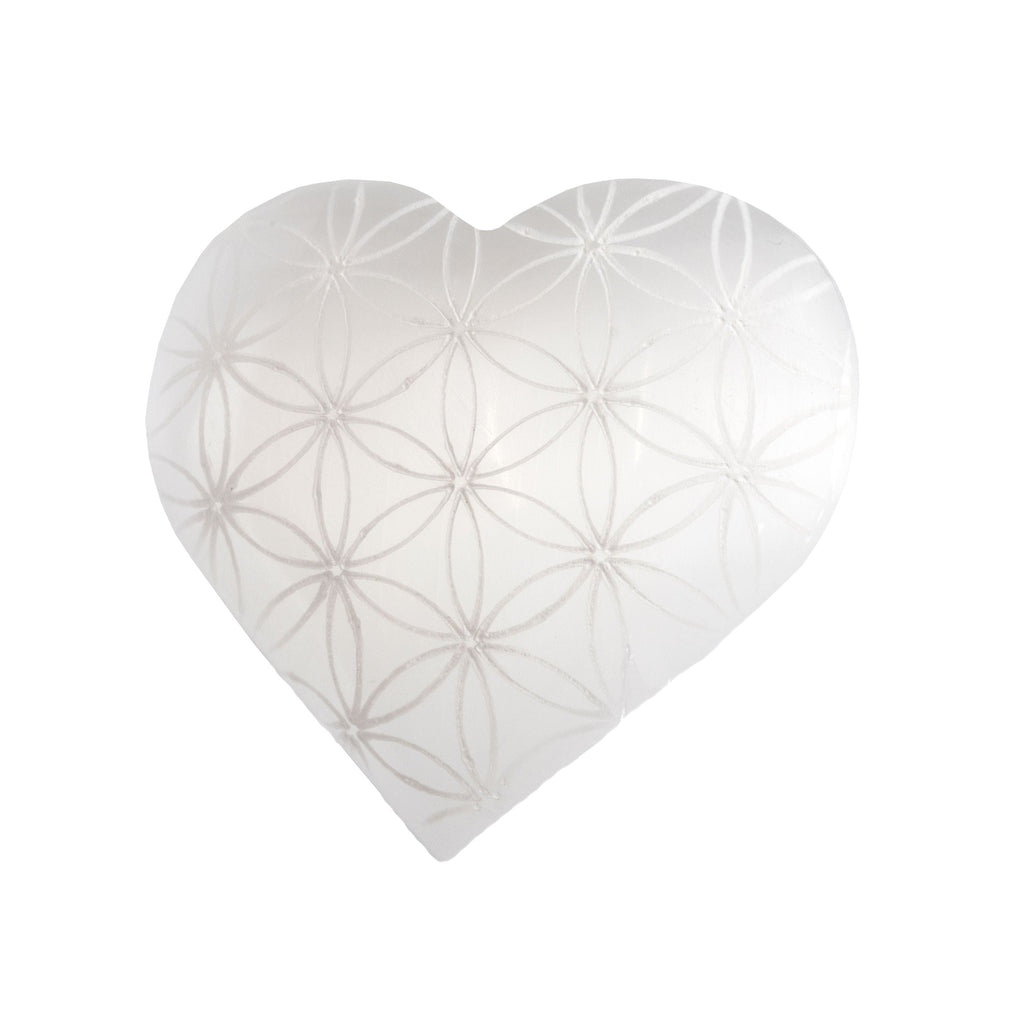 Selenite Heart with Etched Flower of Life from Morocco - Sacred Geometry | Crystals & Minerals > Figurines | Wiccan Center