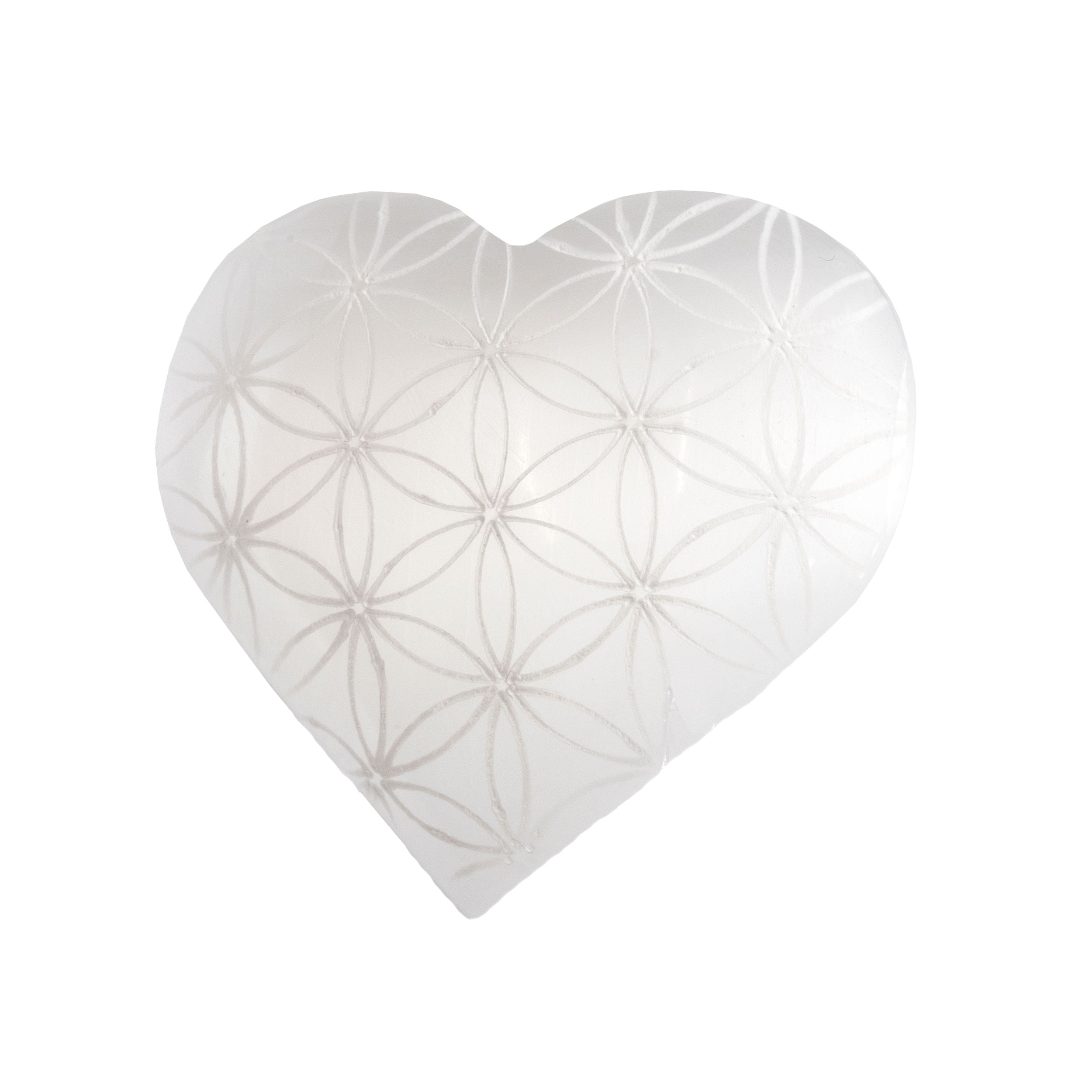Selenite Heart with Etched Flower of Life from Morocco - Sacred Geometry | Crystals & Minerals > Figurines | Wiccan Center