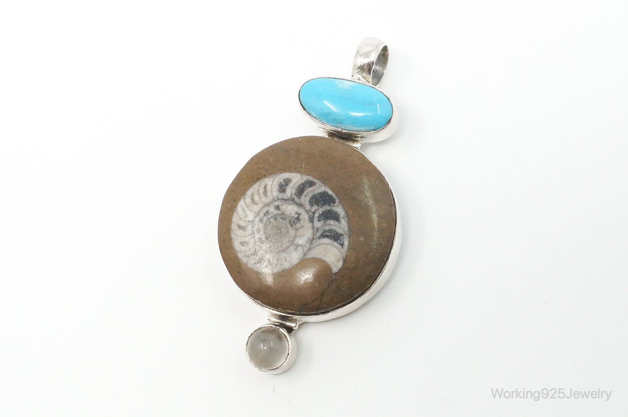 Vintage Large Fossil Shell Turquoise Gray Moonstone Sterling Silver Pendant | Jewelry > Necklaces > Pendants | Wiccan Center