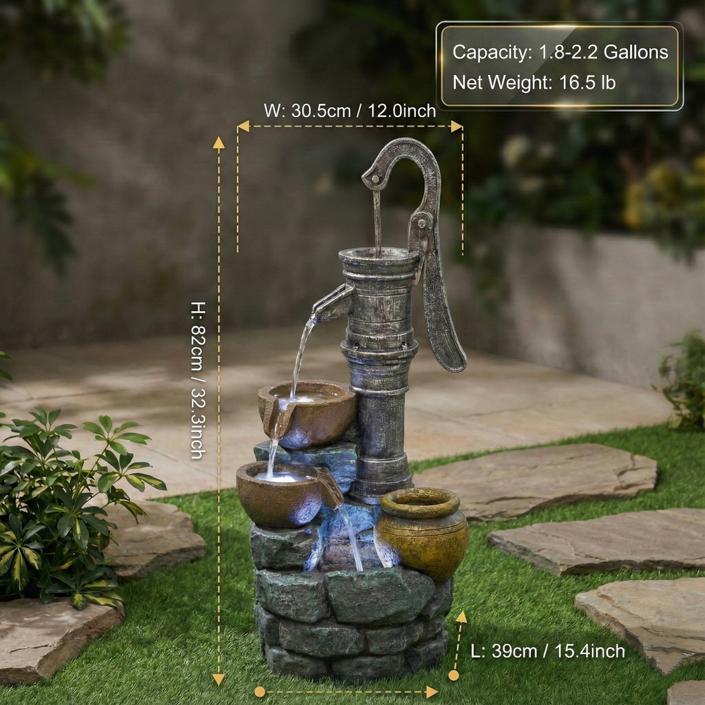 Resin Hand Pump Cascading Outdoor Fountain 32 Inch | Outdoor Fountain | Wiccan Center