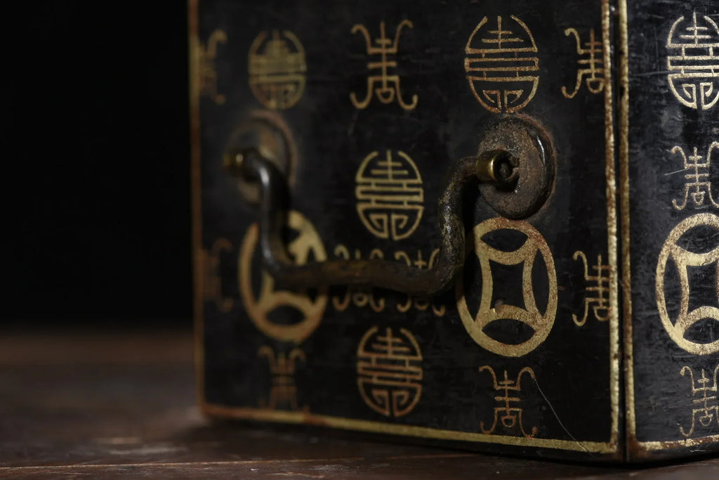 Old Wood Lacquerware Outline in gold Eight Treasures of Tuanshou Pattern Portable Buddhist niche Drawer box Ornaments