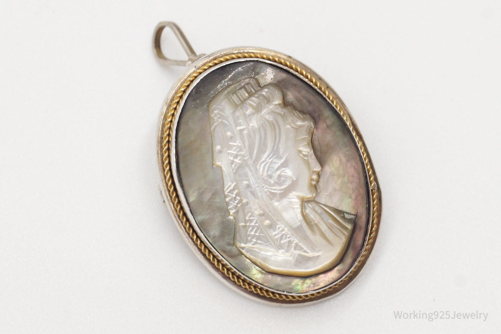 Antique Carved Abalone Shell Woman Cameo 800 Silver Pendant Brooch | Jewelry > Necklaces > Pendants | Wiccan Center