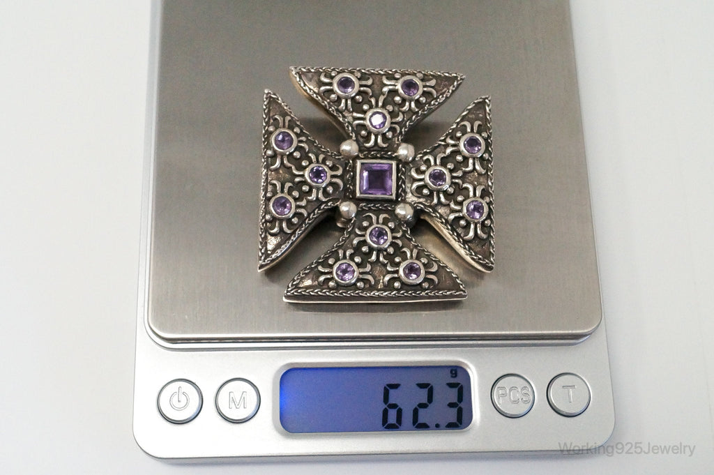 Large Vintage Designer Barse 2000 Amethyst Cross Sterling Silver Pendant | Jewelry > Necklaces > Pendants | Wiccan Center