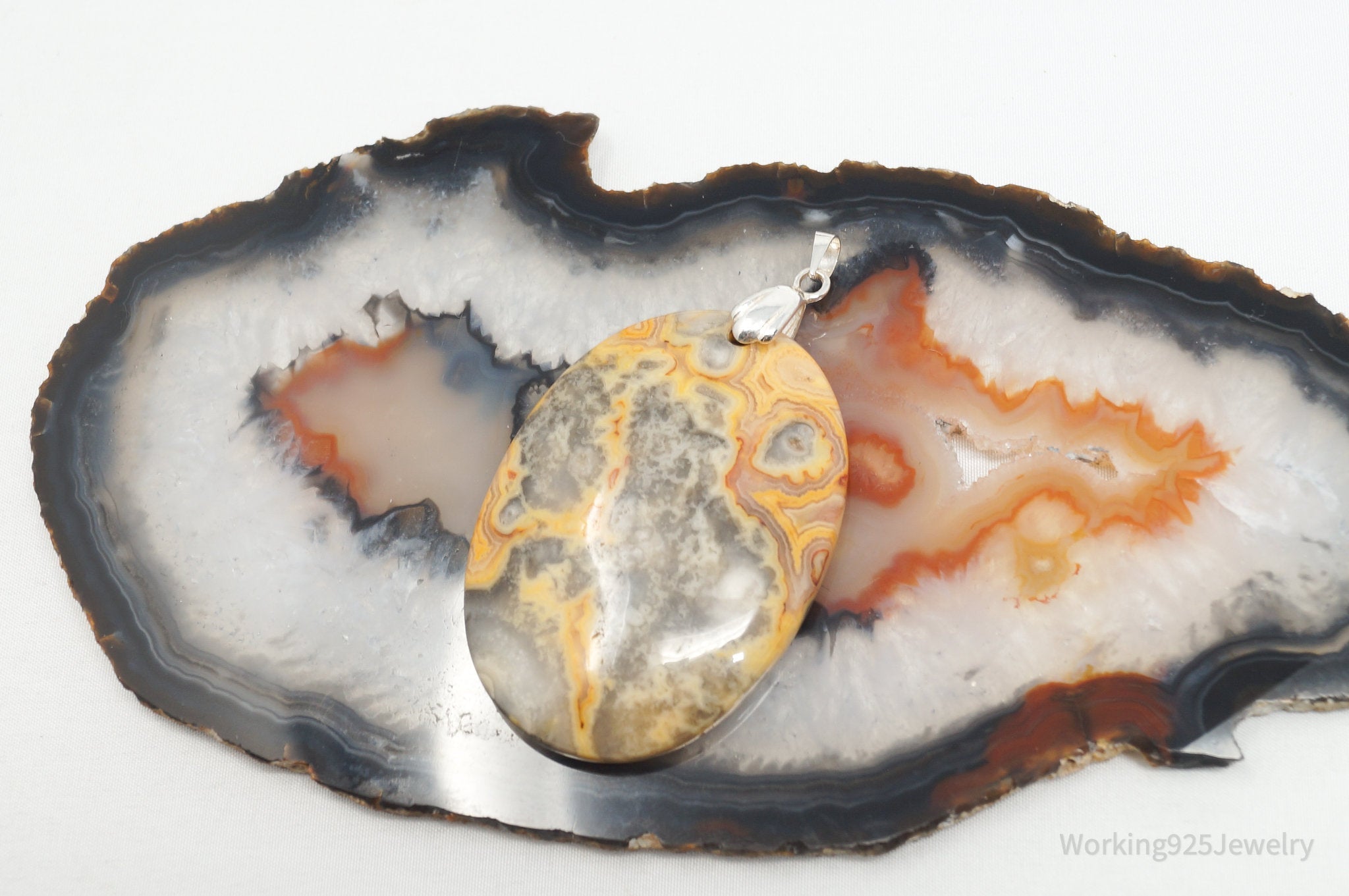 Vintage Large Orange Lace Agate Sterling Silver Necklace Pendant | Jewelry > Necklaces > Pendants | Wiccan Center