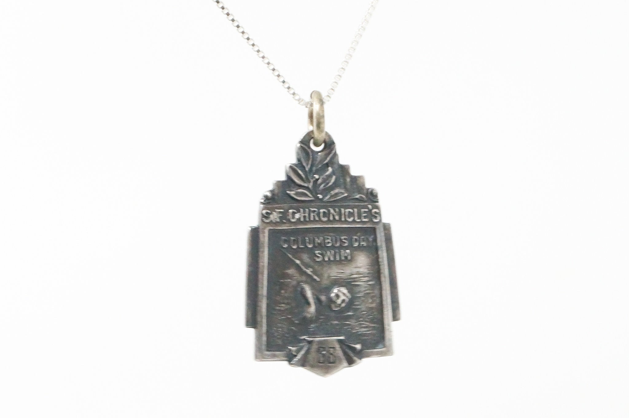 Vintage Antique 1938 Columbus Day Swim Sterling Silver Necklace Pendant | Jewelry > Necklaces > Pendants | Wiccan Center