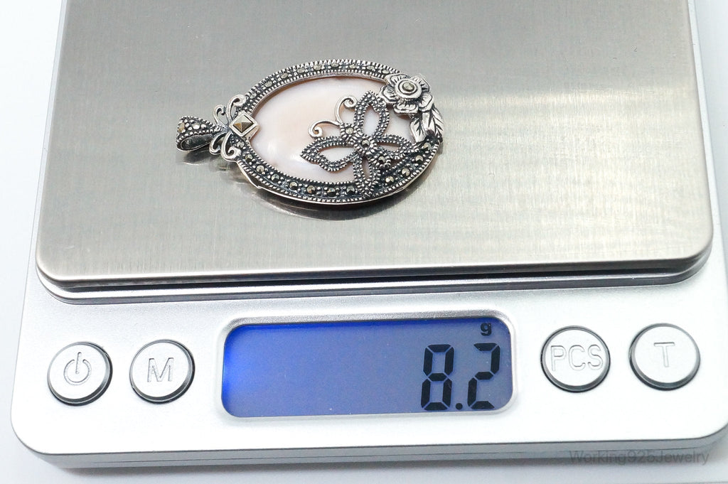VTG Pink Mother of Pearl Marcasite Butterfly Flower Sterling Silver Pendant | Jewelry > Necklaces > Pendants | Wiccan Center
