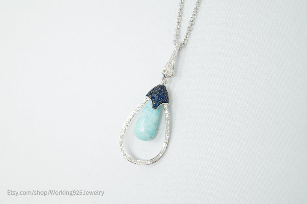 Vtg Designer RPG Ocean Blue Larimar Sapphire Diamond Sterling Silver Necklace | Jewelry > Necklaces > Pendants | Wiccan Center