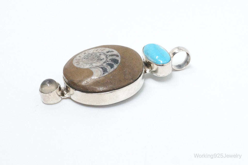 Vintage Large Fossil Shell Turquoise Gray Moonstone Sterling Silver Pendant | Jewelry > Necklaces > Pendants | Wiccan Center