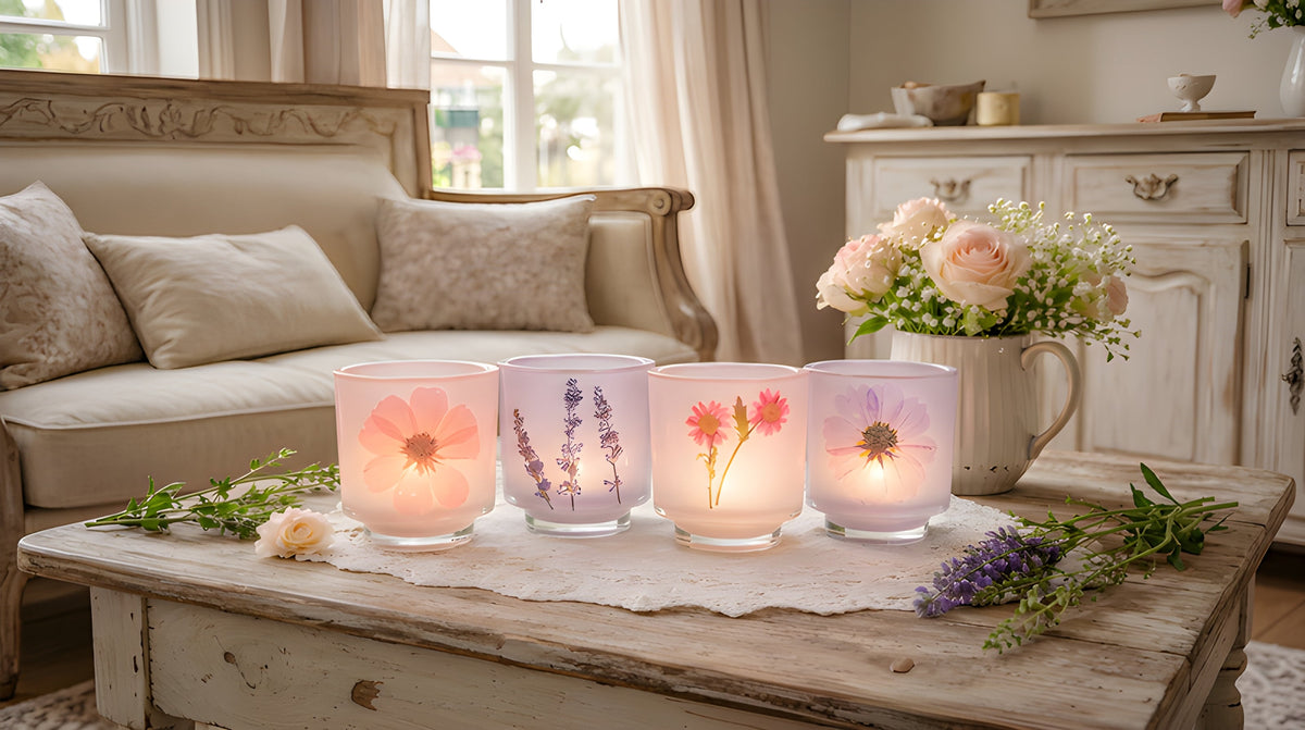 Frosted Glass Votive Candle Holder With Pressed Flowers Set of 4 | Candles & Holders | Wiccan Center