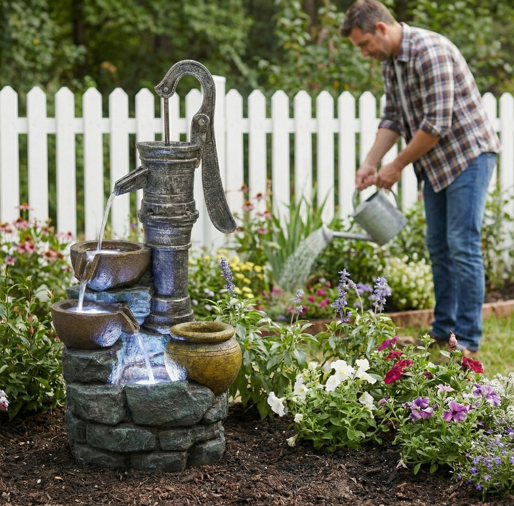 Resin Hand Pump Cascading Outdoor Fountain 32 Inch | Outdoor Fountain | Wiccan Center