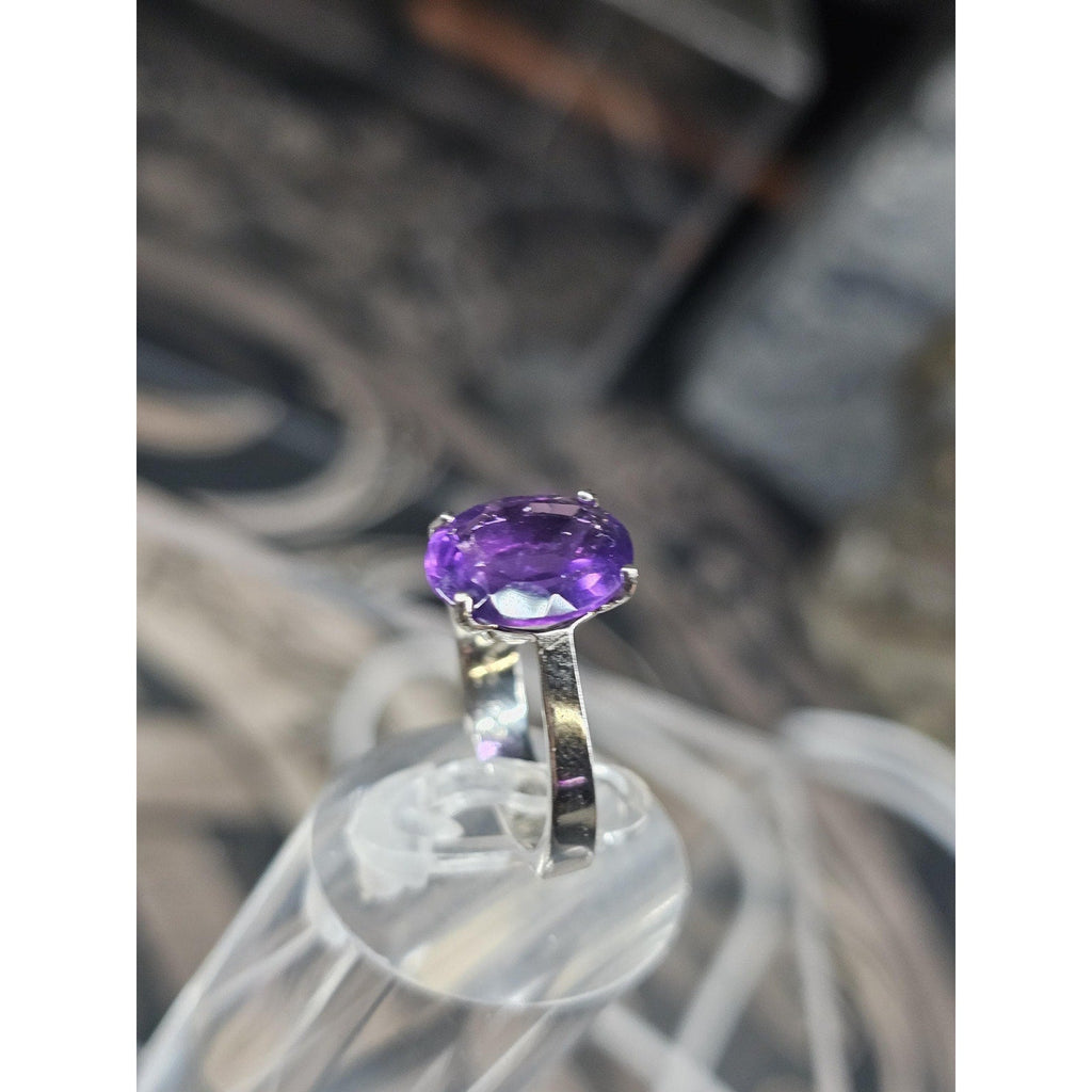 Womens 14K White Gold Platinum Finish Size 6 Ring Amethyst & Diamonds