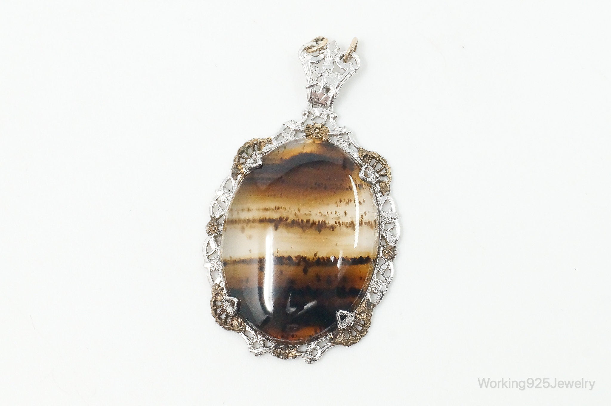Antique Large Montana Agate Sterling Silver Necklace Pendant | Jewelry > Necklaces > Pendants | Wiccan Center
