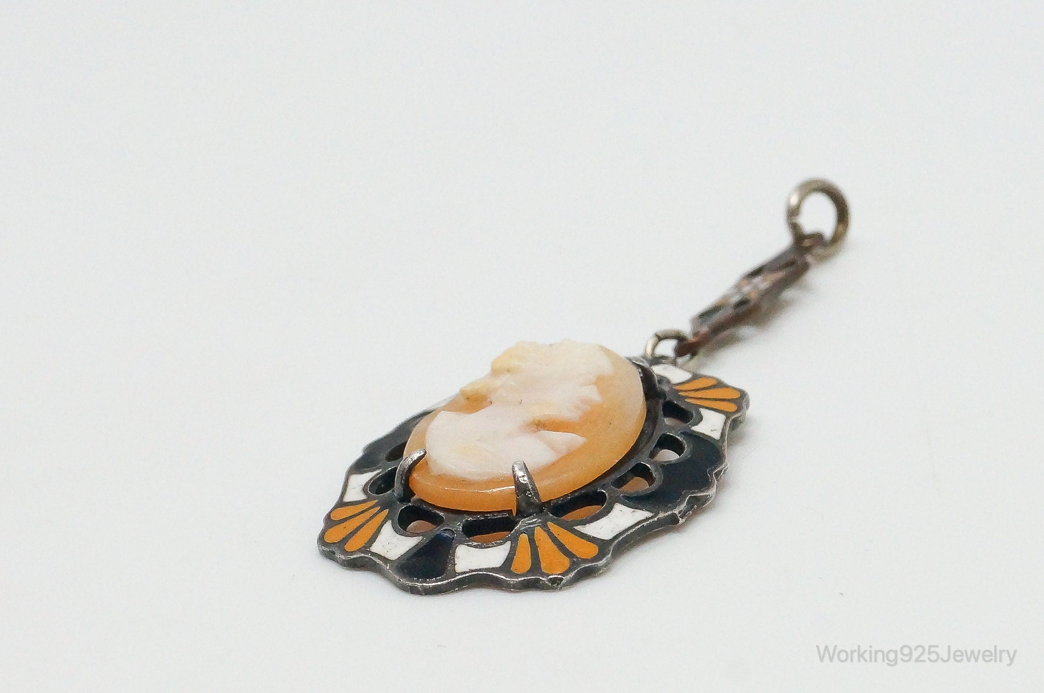 Antique Carved Woman Cameo Shell Enamel Sterling Silver Pendant | Jewelry > Necklaces > Pendants | Wiccan Center