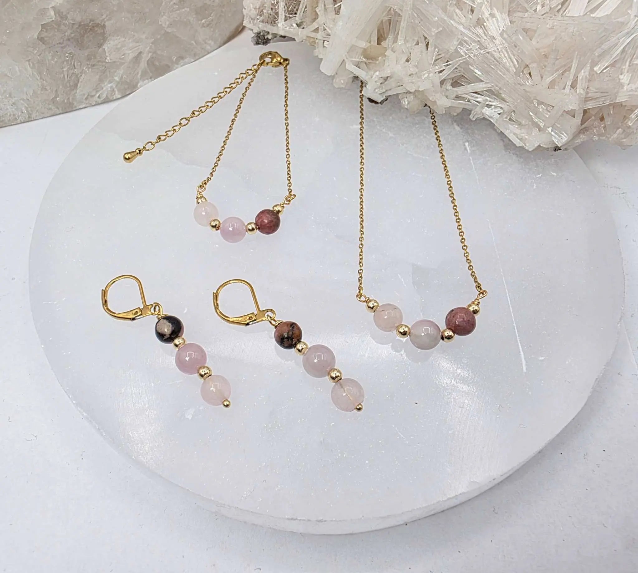 I AM ENOUGH -Kunzite, Rose Quartz, Rhodonite Gem Jewelry Set | Jewelry Set | Wiccan Center