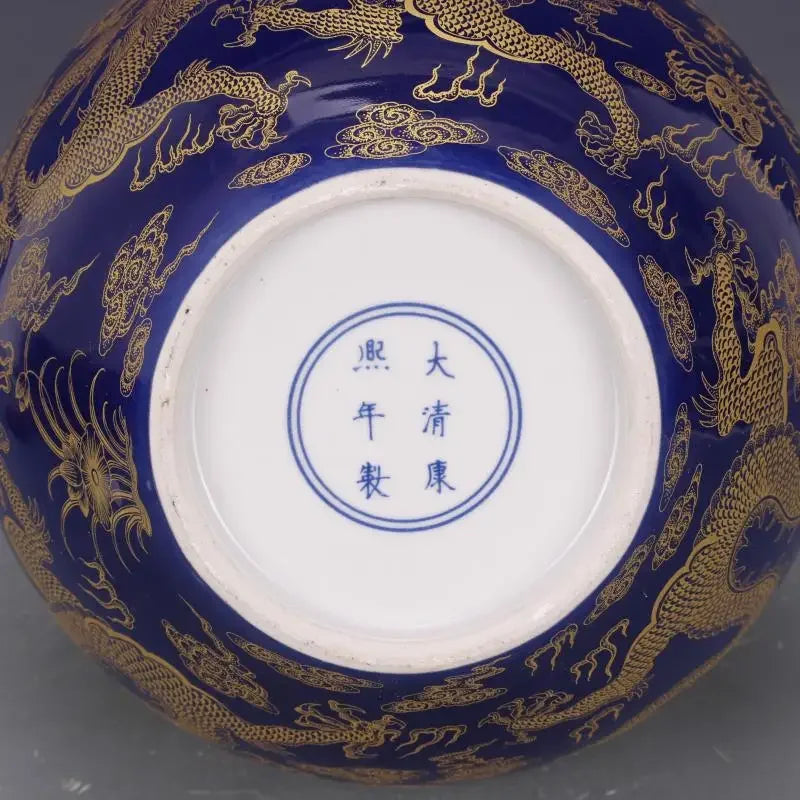 Qing Kangxi Blue-Ground Celestial Globe Vase – Gold-Gilt Flower, Cloud & Dragon Motif | Jingdezhen Porcelain