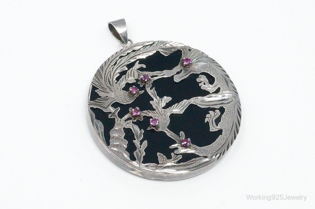 Vintage Large Ruby Black Onyx Etched Birds In Nature Sterling Silver Pendant | Jewelry > Necklaces > Pendants | Wiccan Center