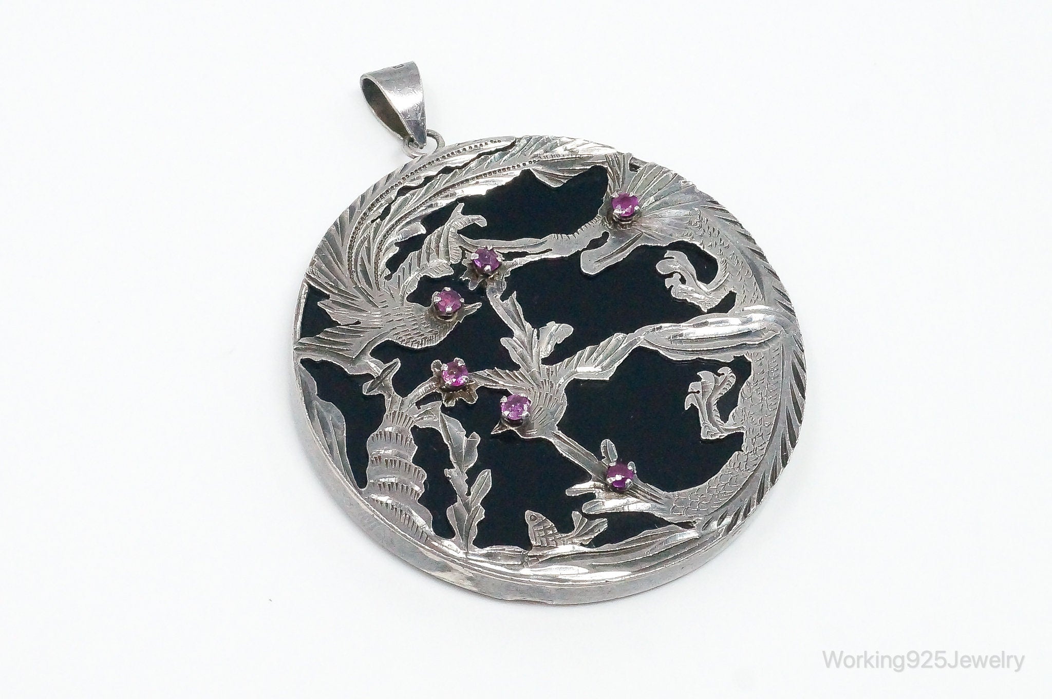 Vintage Large Ruby Black Onyx Etched Birds In Nature Sterling Silver Pendant | Jewelry > Necklaces > Pendants | Wiccan Center