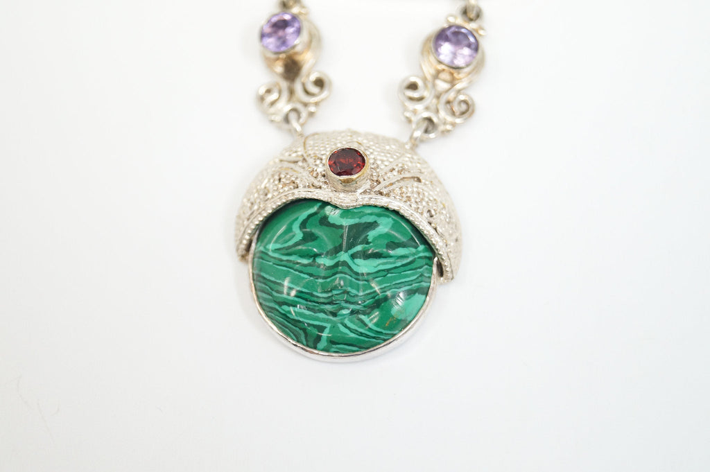 Vintage Turquoise Amethyst Malachite Garnet Sterling Silver Moon Face Pendant | Jewelry > Necklaces > Pendants | Wiccan Center
