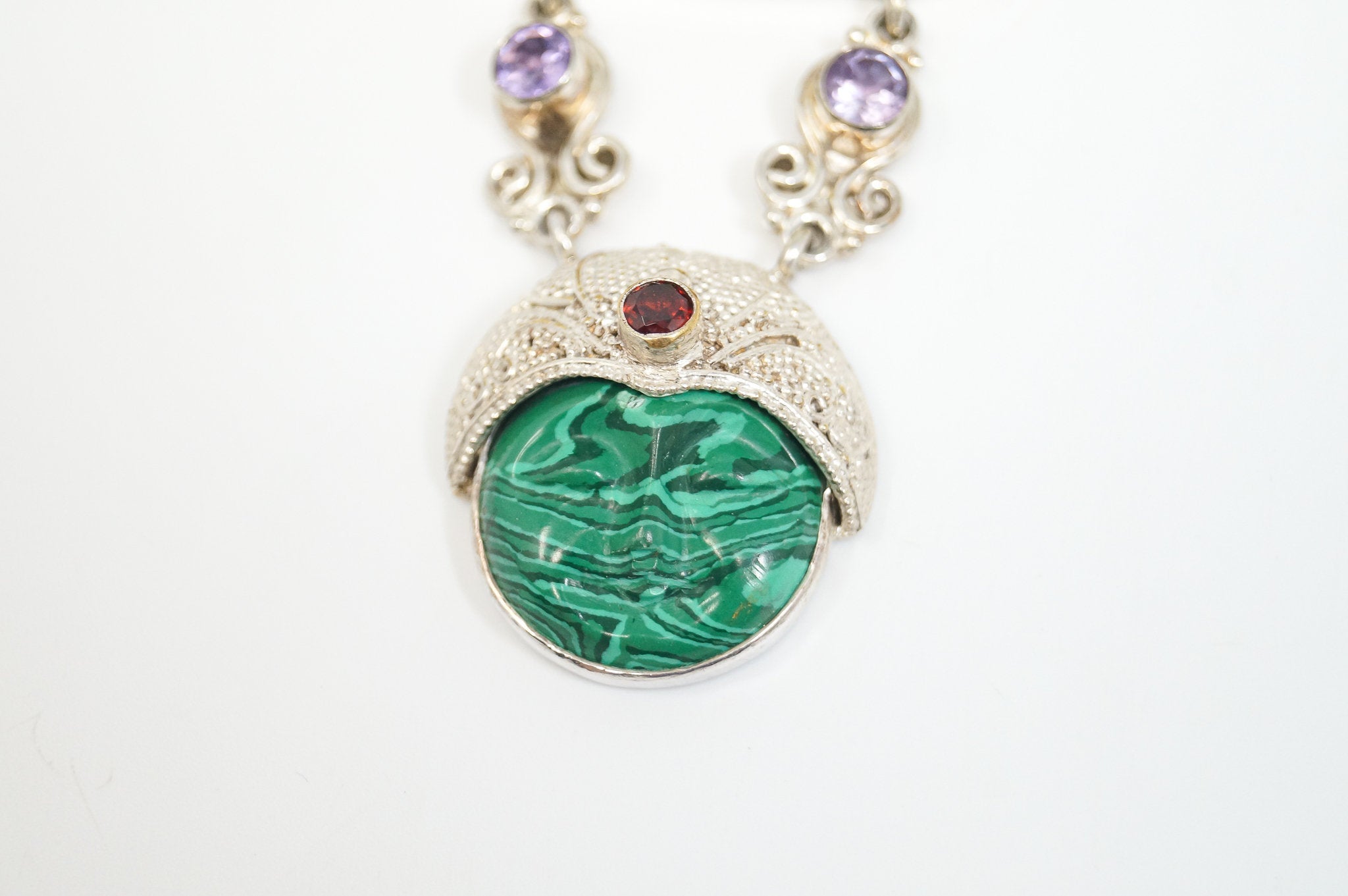 Vintage Turquoise Amethyst Malachite Garnet Sterling Silver Moon Face Pendant | Jewelry > Necklaces > Pendants | Wiccan Center