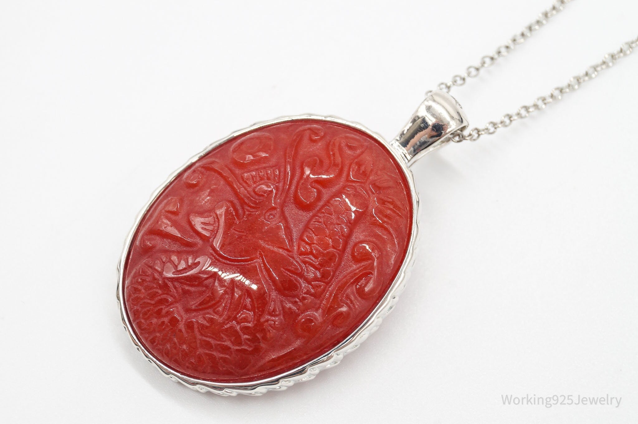 Large Vintage Carved Carnelian Dragon Sterling Silver Necklace | Jewelry > Necklaces > Pendants | Wiccan Center