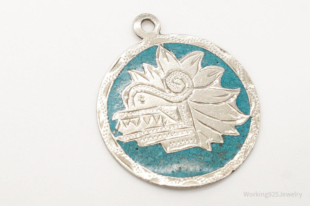 Vintage Large Mexico Mayan Aztec Warrior Mask Turquoise Alpaca Silver Pendant | Jewelry > Necklaces > Pendants | Wiccan Center