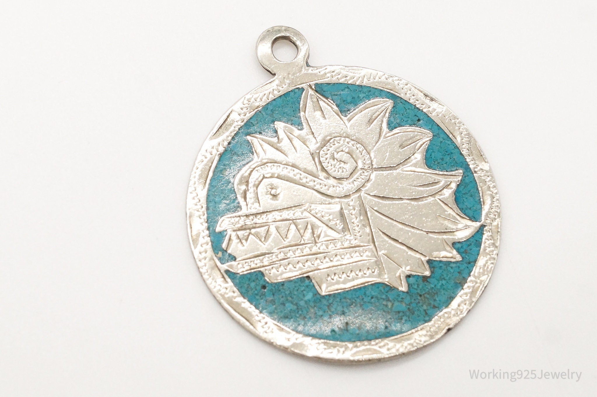 Vintage Large Mexico Mayan Aztec Warrior Mask Turquoise Alpaca Silver Pendant | Jewelry > Necklaces > Pendants | Wiccan Center