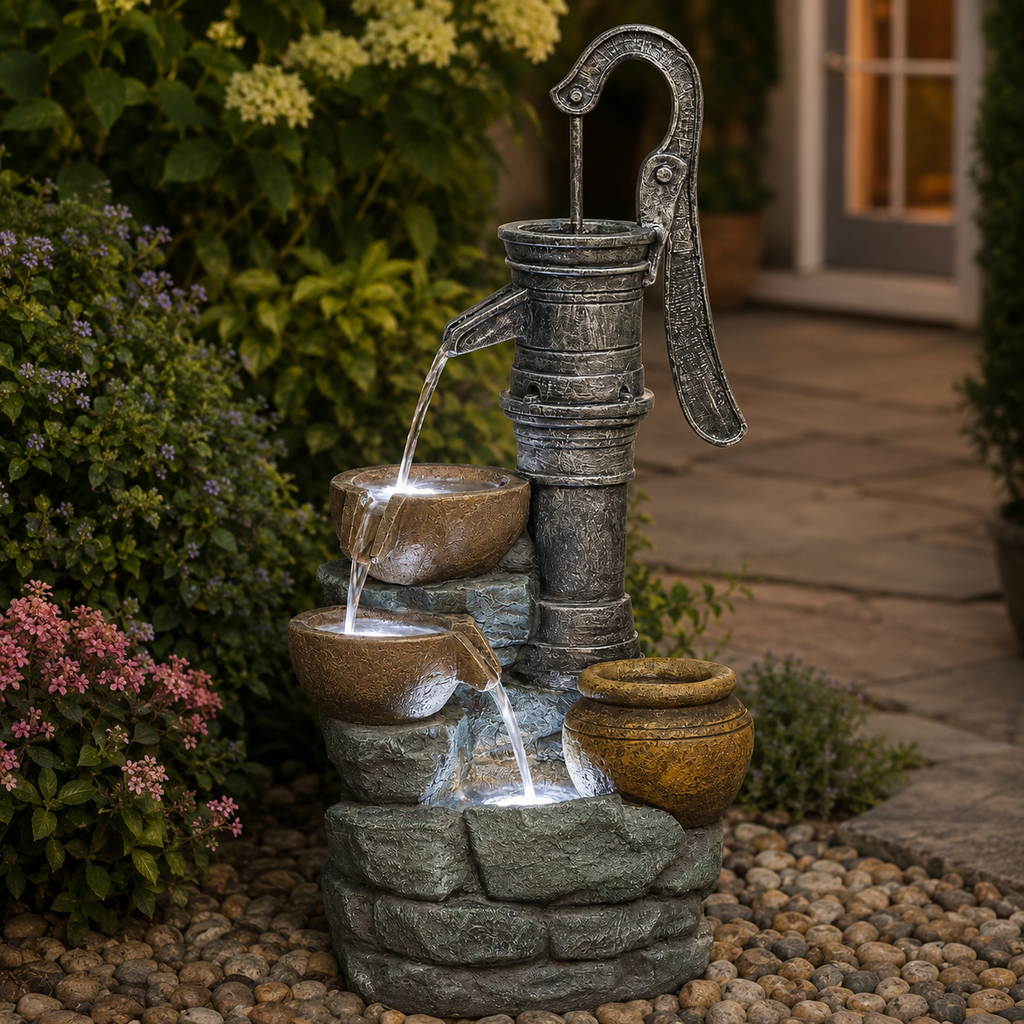 Resin Hand Pump Cascading Outdoor Fountain 32 Inch | Outdoor Fountain | Wiccan Center