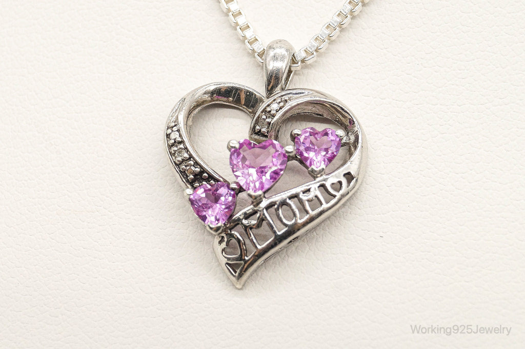 Vintage Pink Topaz Two Diamond Heart Mom Sterling Silver Necklace | Jewelry > Necklaces > Pendants | Wiccan Center