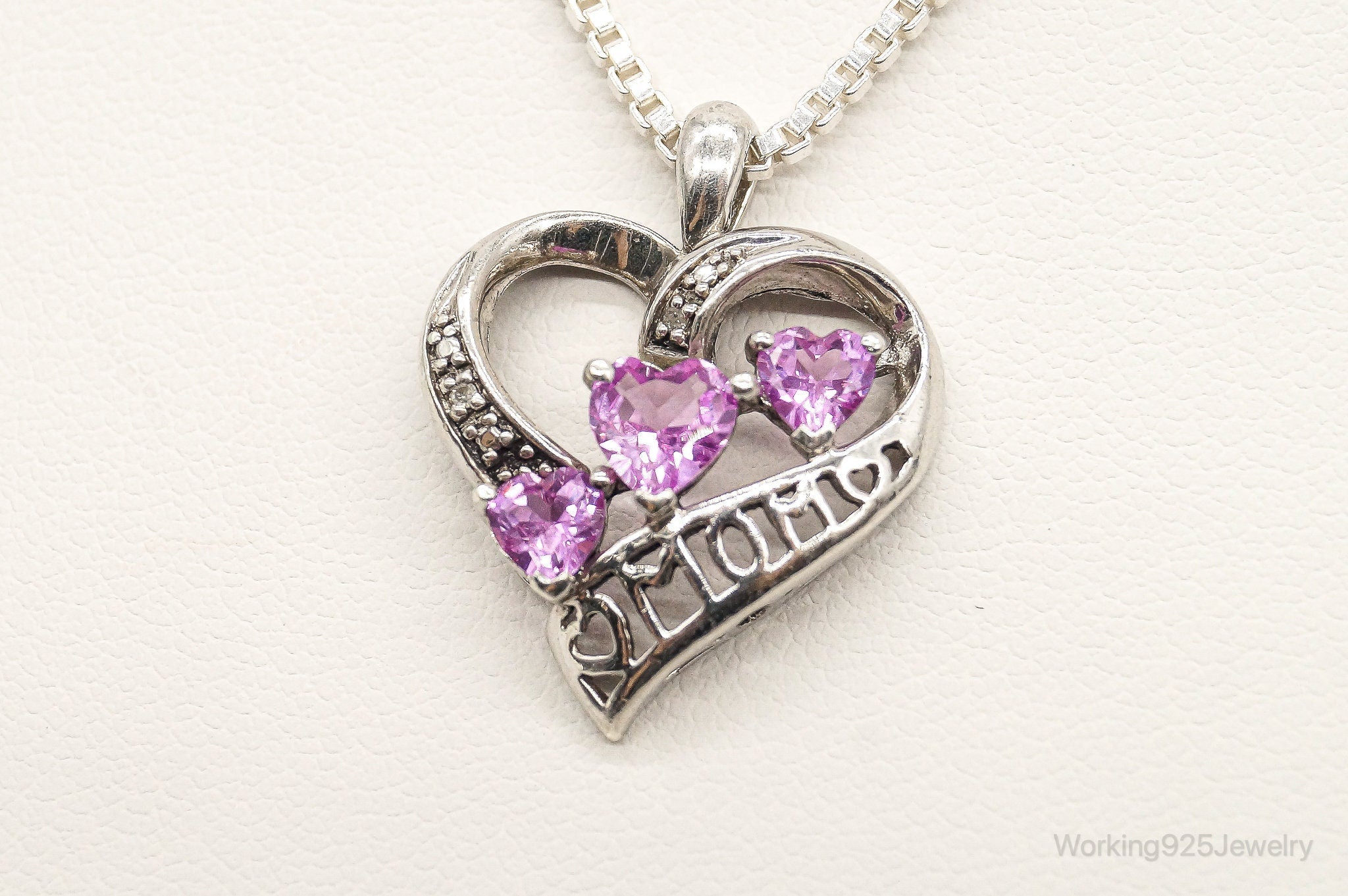 Vintage Pink Topaz Two Diamond Heart Mom Sterling Silver Necklace | Jewelry > Necklaces > Pendants | Wiccan Center
