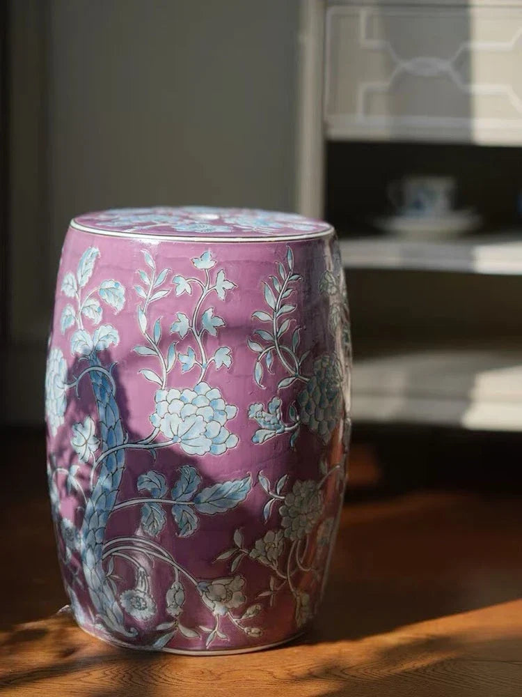 Hand-Painted Lavender Floral Ceramic Drum Stool | Botanical Accent Side Table | Drum stool | Wiccan Center