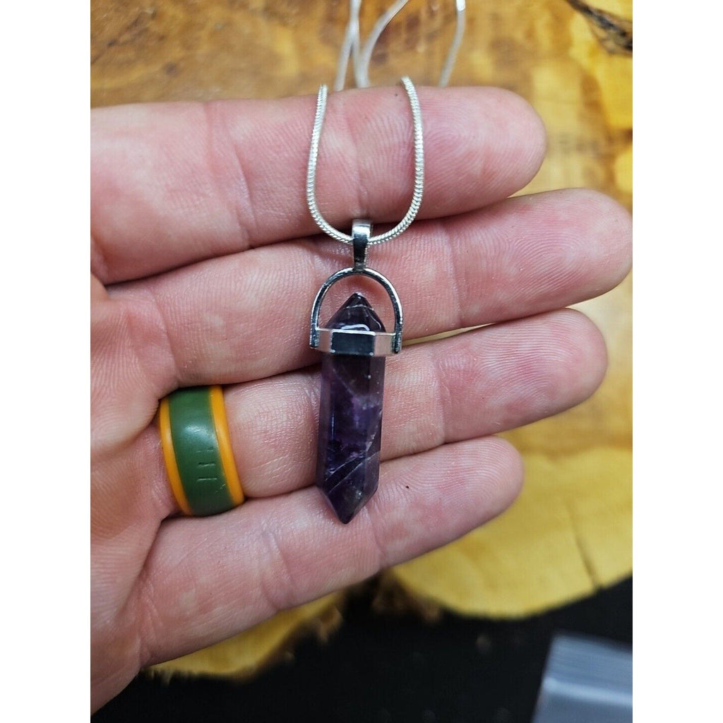 Amethyst Crystal Hexagon Pendant Necklace — 16in Silver Chain | CrystalCloud Company