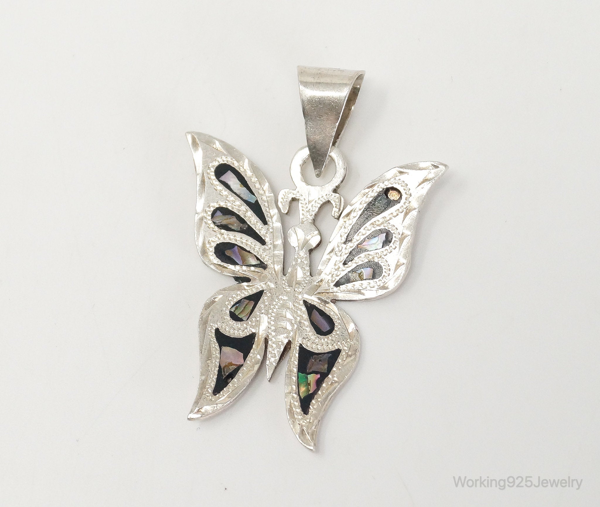 Large Vintage Mexico CC80 Abalone Etched Butterfly Sterling Silver Pendant | Jewelry > Necklaces > Pendants | Wiccan Center