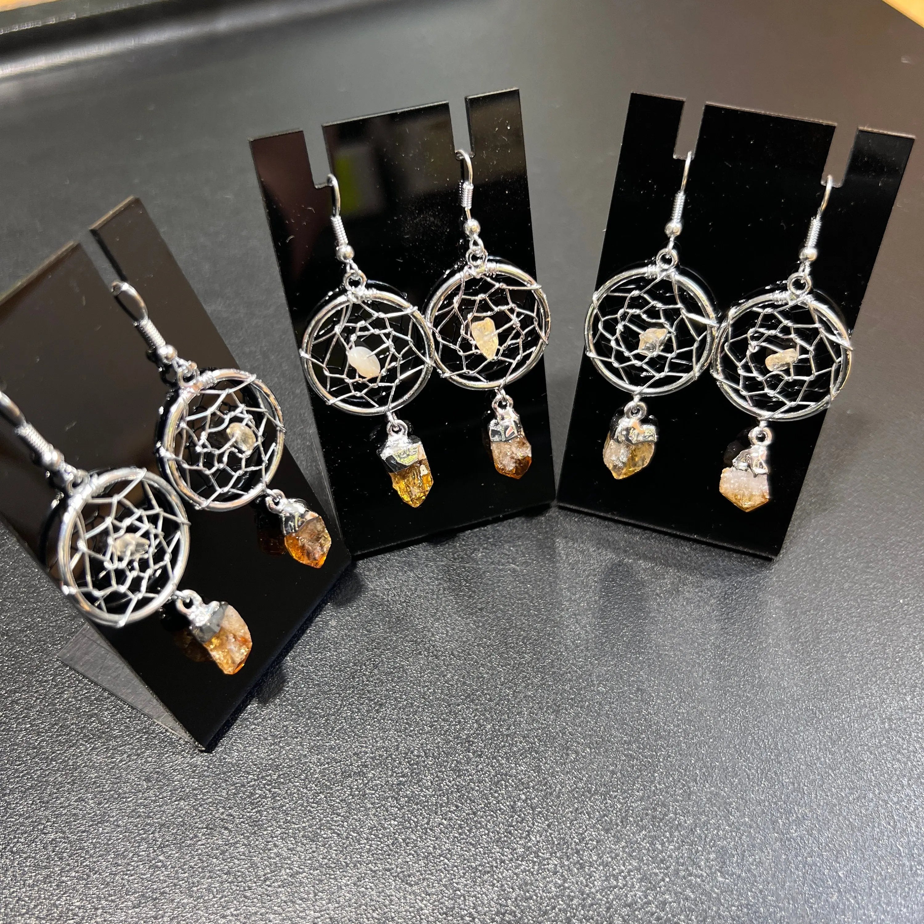 DreamCatcher Earrings Pair (Citrine Crystal)(Silver Plated)(Stainless Steel Hooks) Gemstone Jewelry Supply | Jewelry > Earrings > Dangle & Drop Earrings | Wiccan Center