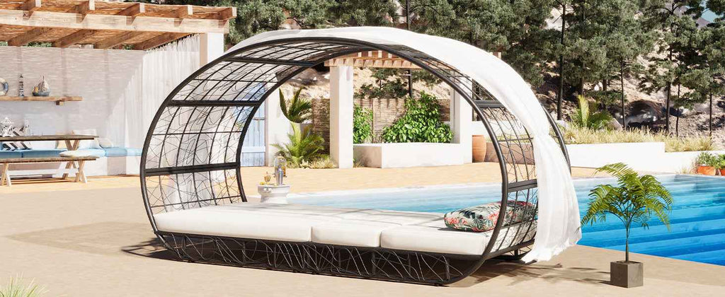 90.55" Outdoor Patio Daybed with Curtain, Sunbed with Cushion and | Furniture | Wiccan Center