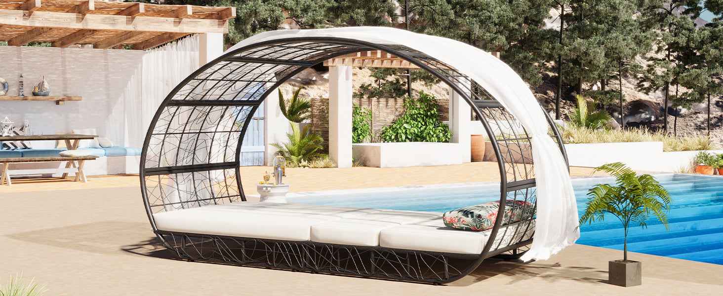 90.55" Outdoor Patio Daybed with Curtain, Sunbed with Cushion and | Furniture | Wiccan Center