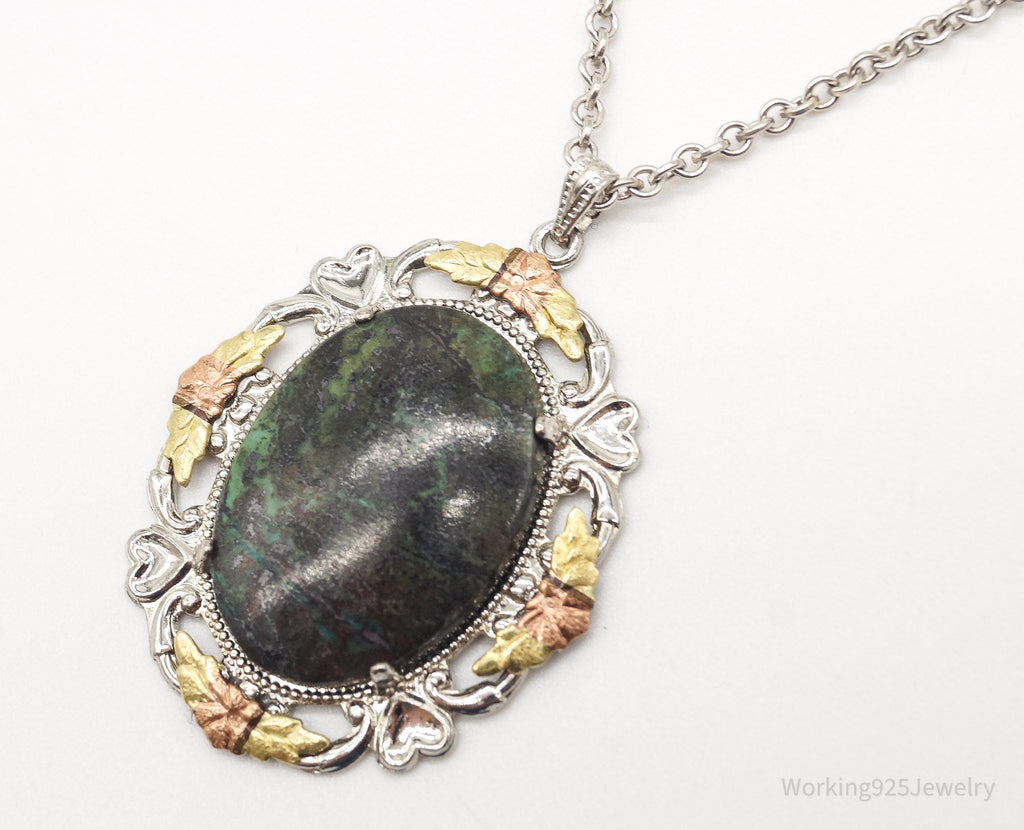 Vintage Green Stone 12K Gold Leaves Sterling Silver Necklace | Jewelry > Necklaces > Pendants | Wiccan Center