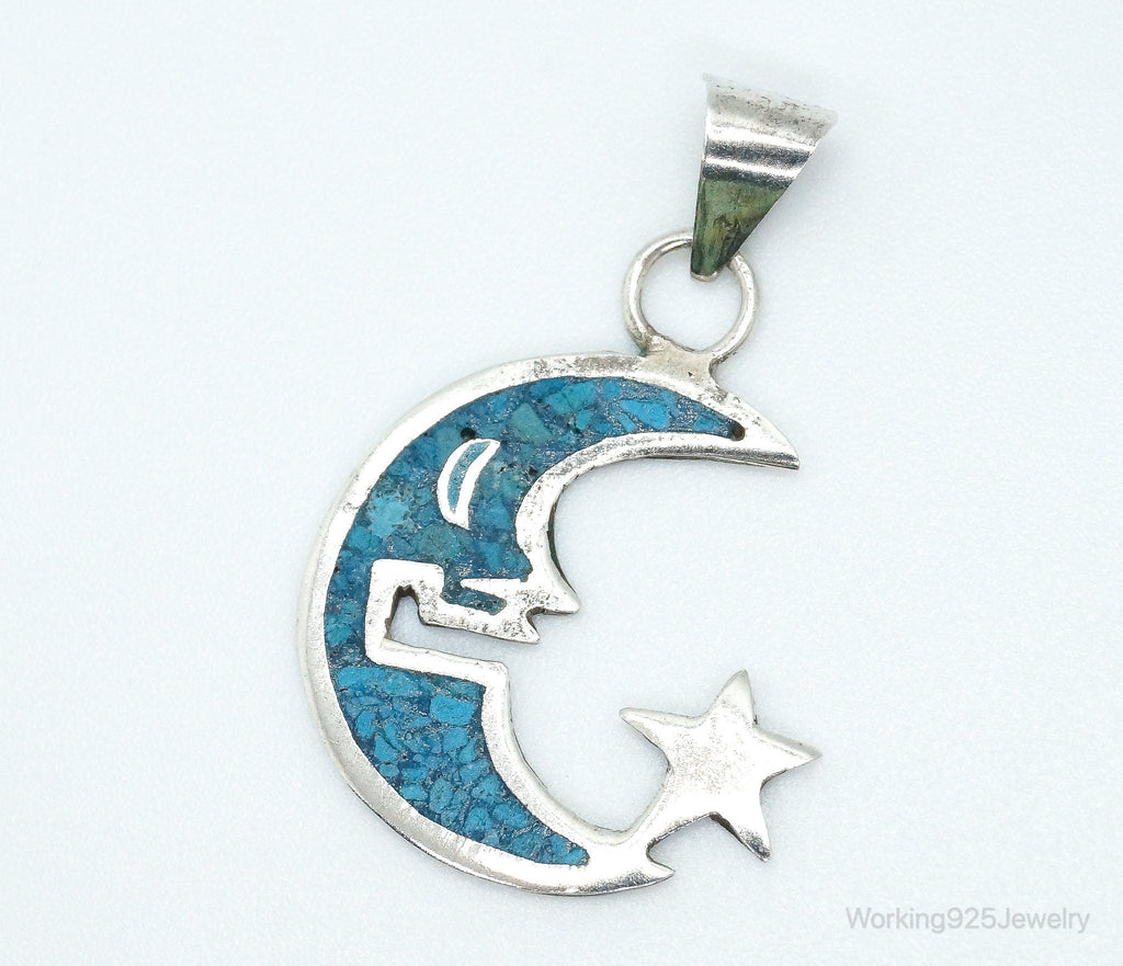 Large Vintage Mexico Turquoise Sterling Silver Moon Necklace Pendant | Jewelry > Necklaces > Pendants | Wiccan Center