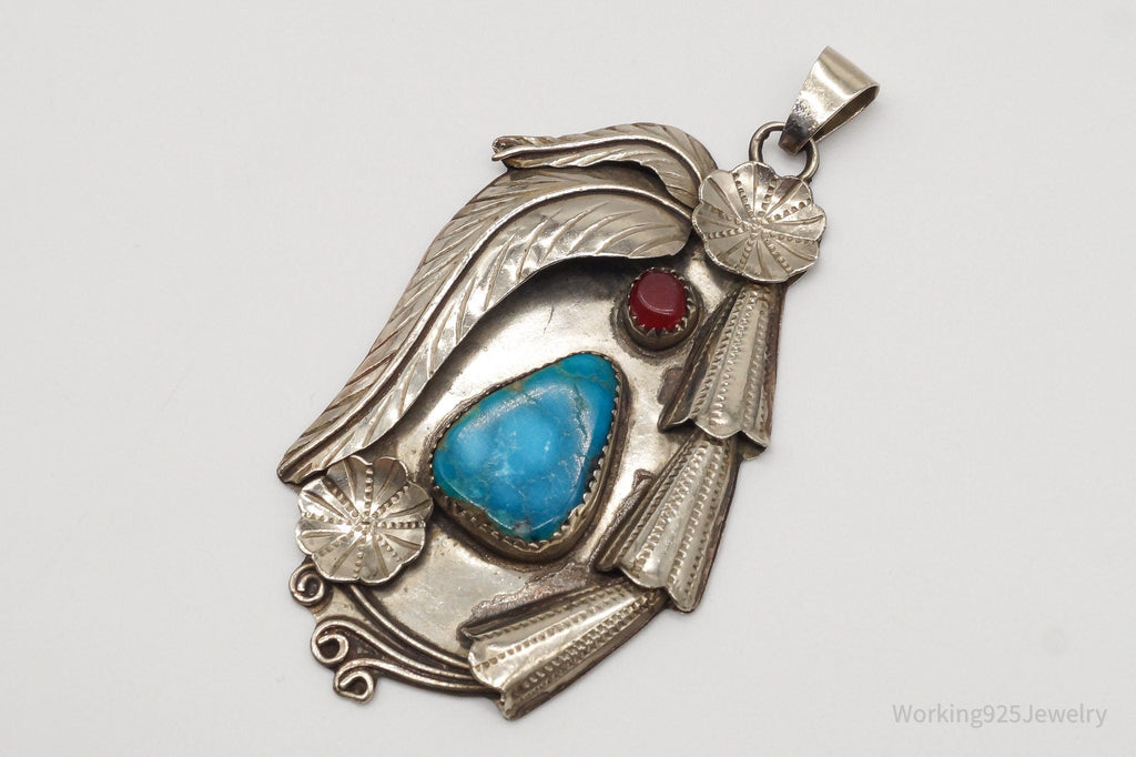 Large Vintage Native American Turquoise Carnelian Sterling Silver Pendant | Jewelry > Necklaces > Pendants | Wiccan Center