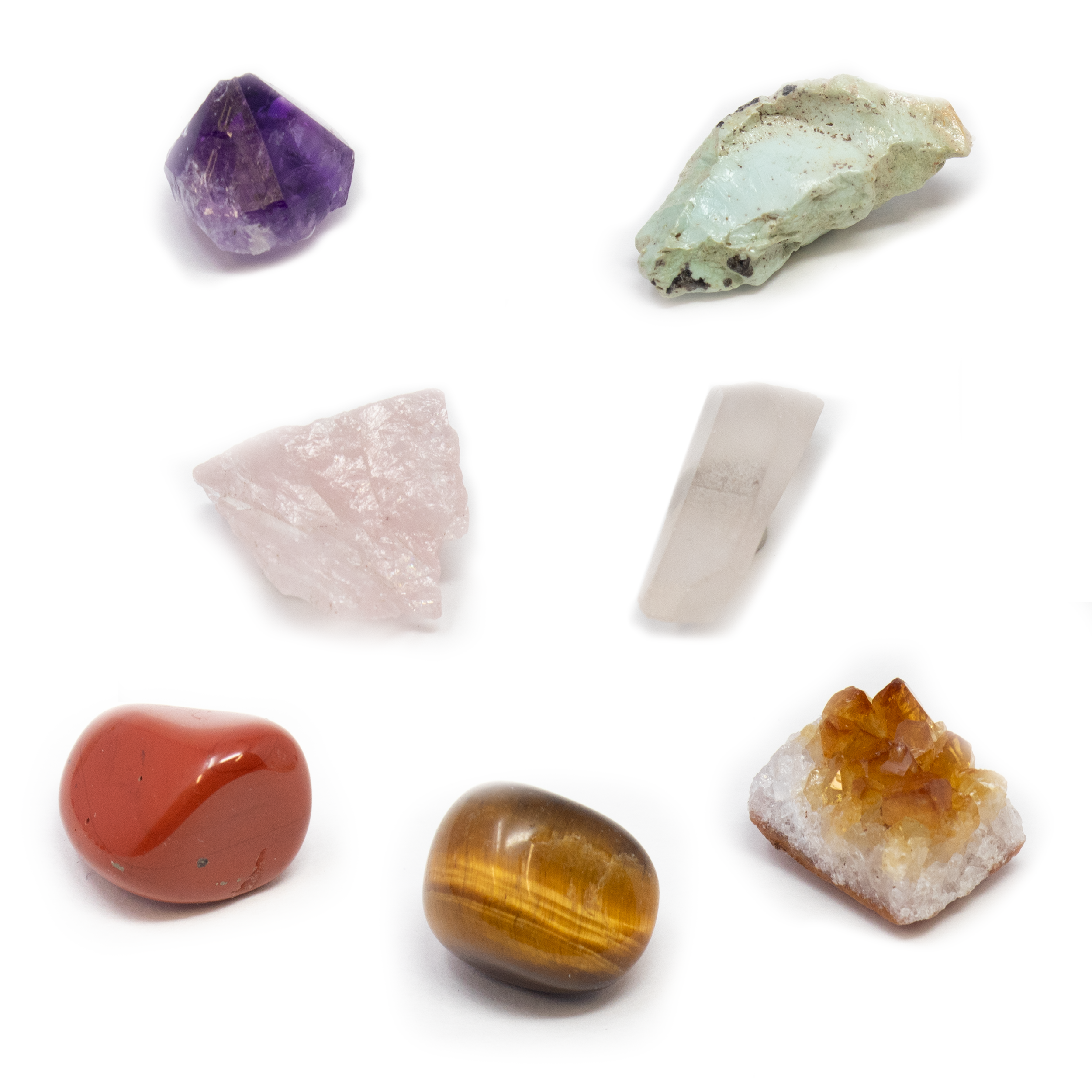 7 Chakra Magnet Set - Set 9 with Quartz Crystal, Amethyst Crystal, Raw Chrysocolla from AZ, Raw Rose Quartz from Brazil, Tumbled Tigers Eye, Citrine Crystal Cluster & Tumbled Red Jasper | | Wiccan Center