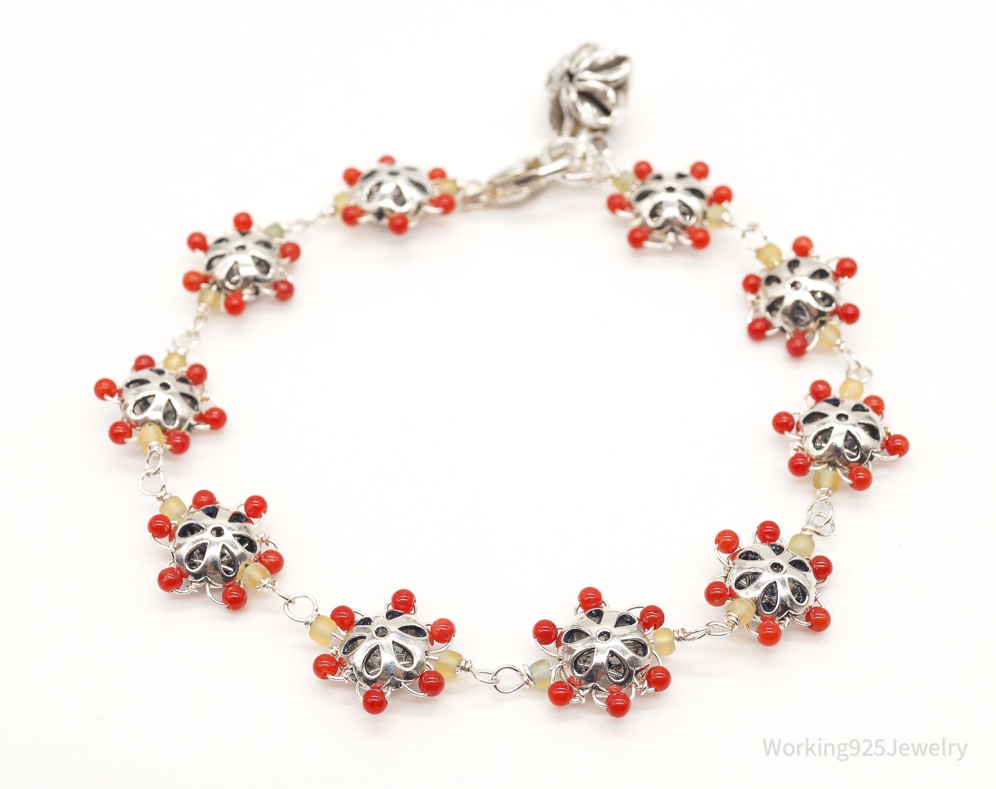 Vintage Intricate Glass Beads Flowers Sterling Silver Bracelet | Jewelry > Bracelets | Wiccan Center